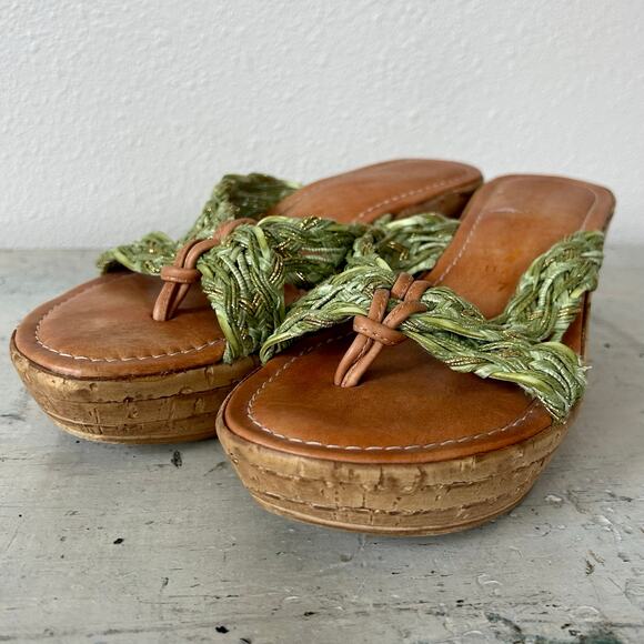 Toscanella leather and fabric platform cork flip flops made in Italy boho sage 7 - Picture 5 of 13